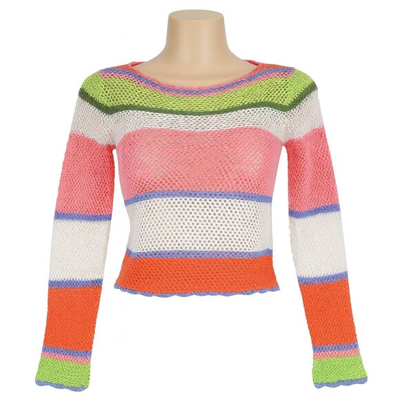 Hippie Rose Sweaters - Hippie Rose Crochet Mesh Striped Sweater L | Y2K Boho Knit Pullover